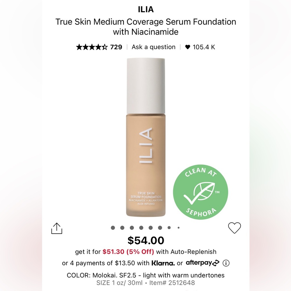 Unused Ilia True Skin Serum Foundation in color Molokai (SF 2.5)